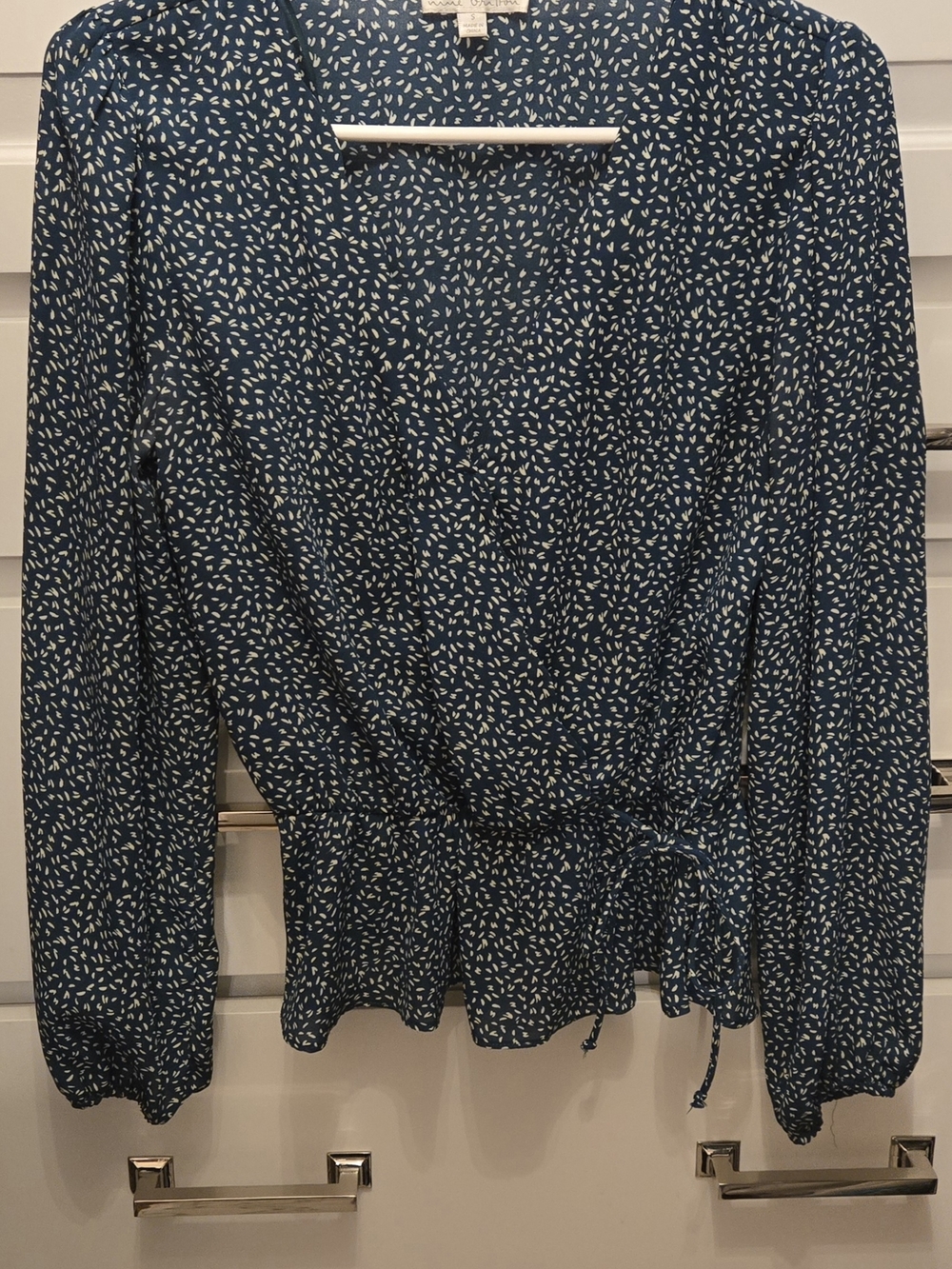 Nine Britton Green Wrap Blouse with White Micro Print